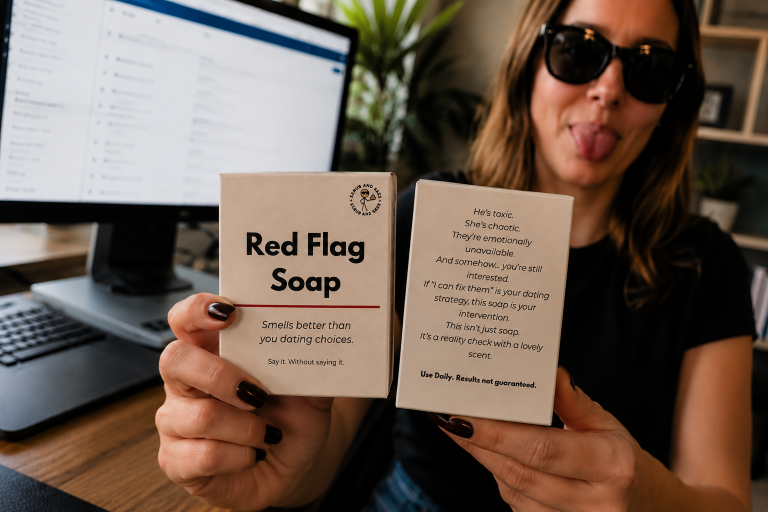 Person holding 'Red Flag Soap' packaging and a card in an office setting
