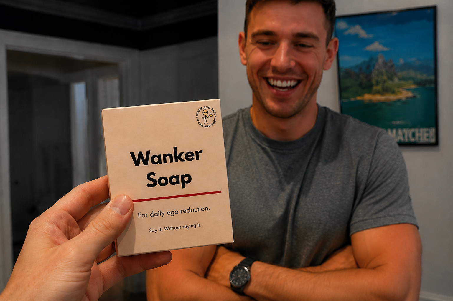 Person holding a box of 'Wanker Soap' with a man in the background.
