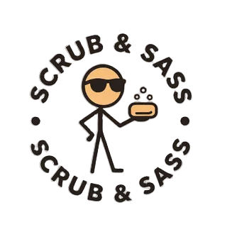 Logo with a stick figure holding a bar of soap, surrounded by 'Scrub & Sass' text.