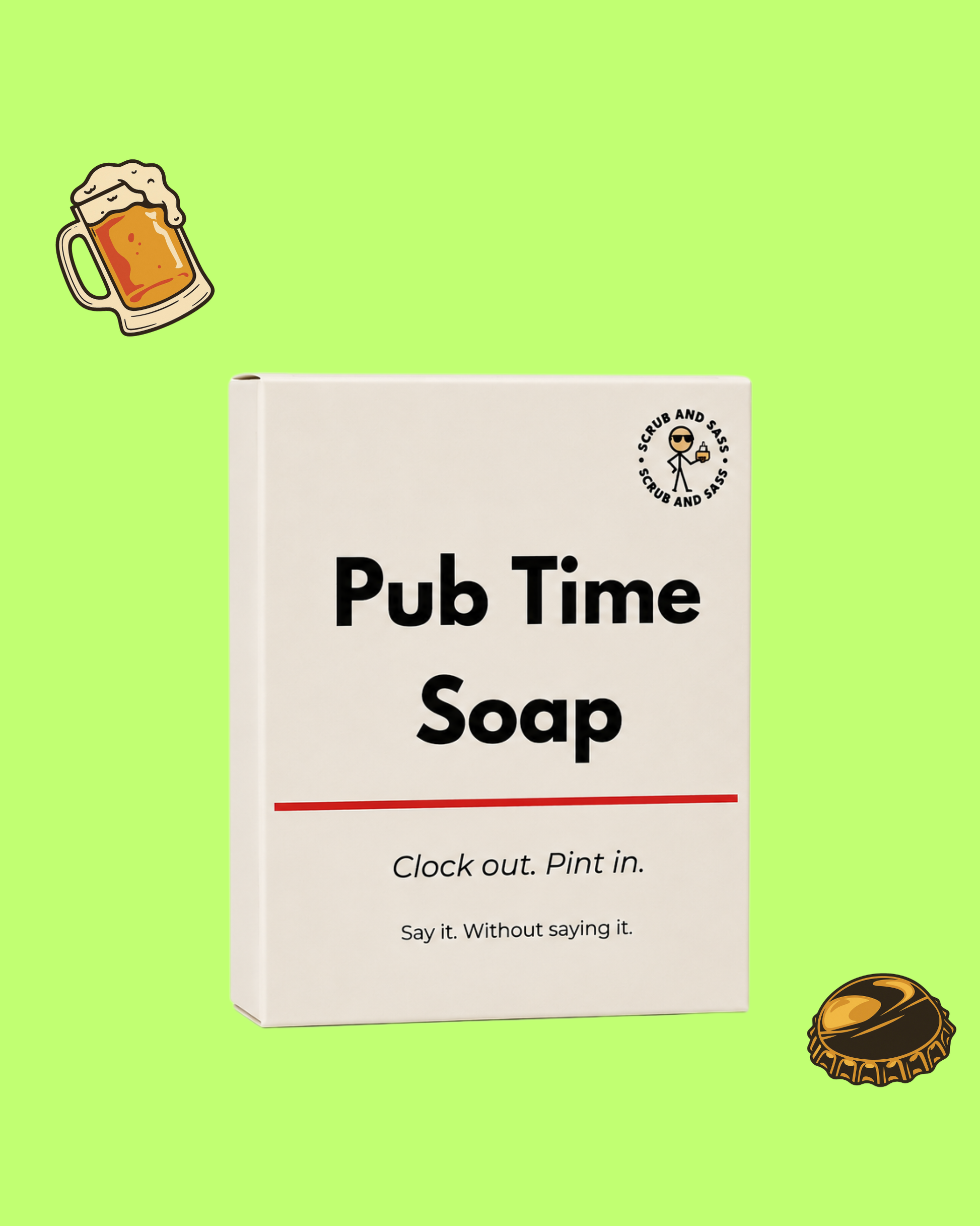 Box of 'Pub Time Soap' with a cartoon beer mug and bottle cap on a green background