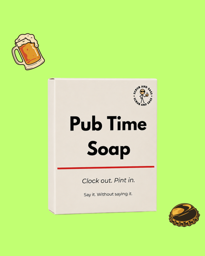 Box of 'Pub Time Soap' with a cartoon beer mug and bottle cap on a green background