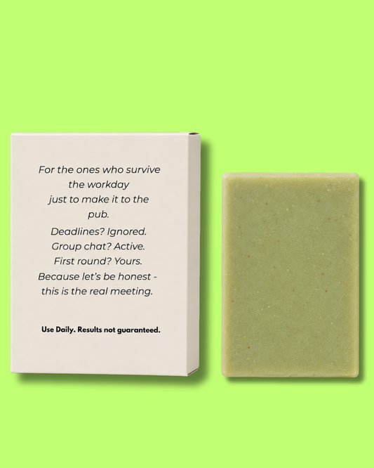 Bar of soap with a humorous message on a green background