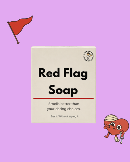 Product packaging for 'Red Flag Soap' with a humorous tagline on a purple background.