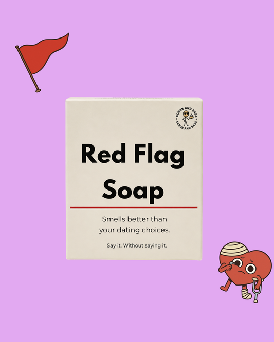Product packaging for 'Red Flag Soap' with a humorous tagline on a purple background.