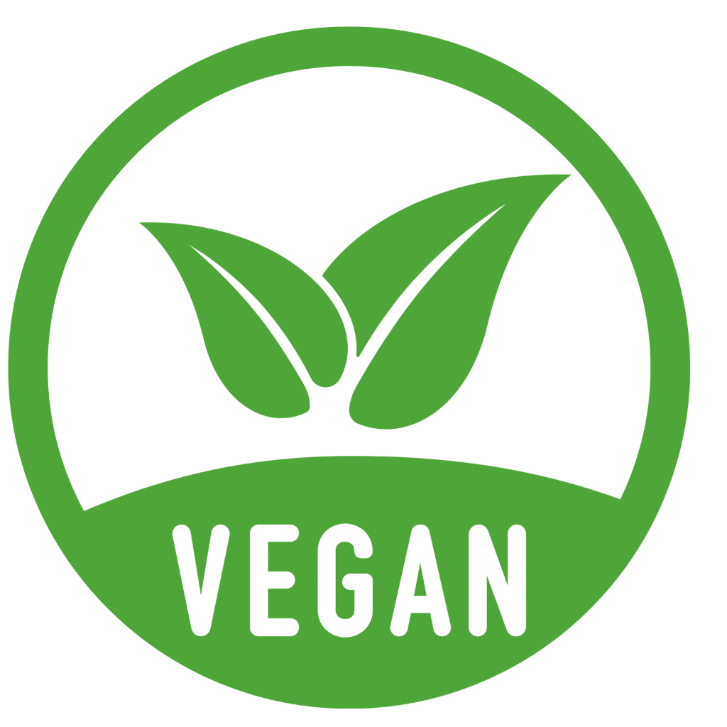 Green circular 'VEGAN' logo with two leaves on a white background