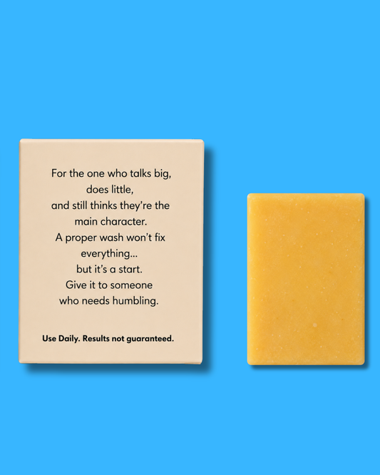 Bar of soap with a humorous message on a blue background