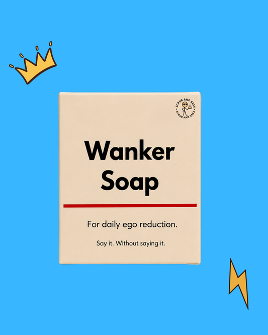 Box of 'Wanker Soap' with a blue background and graphics.